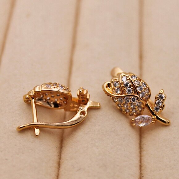 18K Yellow Gold Filled Carved Rose Flower Leaf Diamond Zircon Earrings Gorgeous - Picture 5 of 5